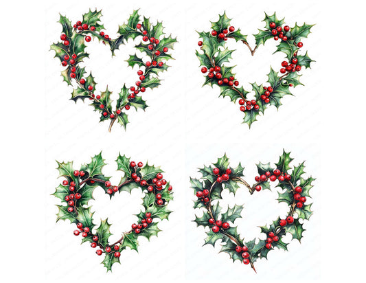 Preview layout showing Winter Holly Heart Shape Watercolour clipart elements for scrapbooking, junk journals, and card making