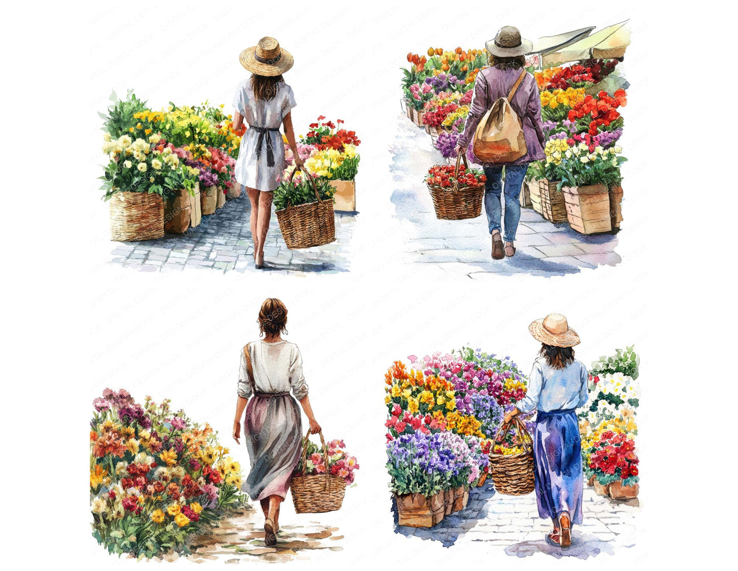 Woman in Flower Market Clipart Set (DDD007545)