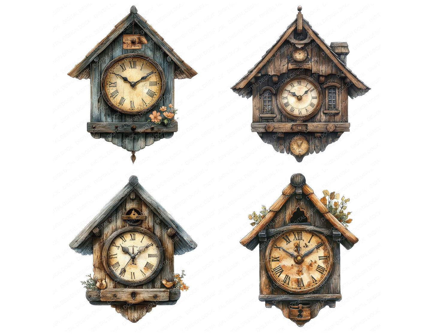 Wooden Cuckoo Clock Clipart Set (DDD007571)