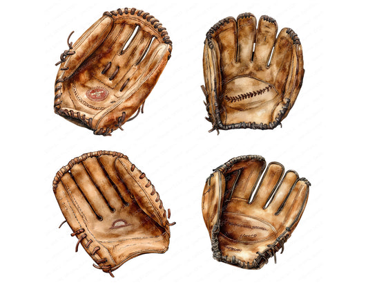 Preview layout showing Worn Baseball Glove clipart elements for scrapbooking, junk journals, and card making