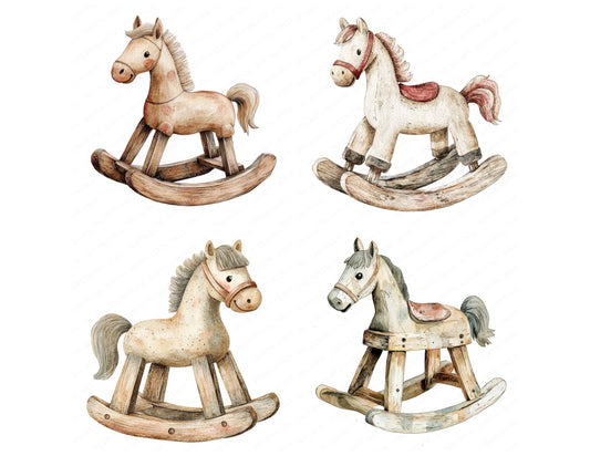 Preview layout showing Worn Rocking Horse clipart elements for scrapbooking, junk journals, and card making