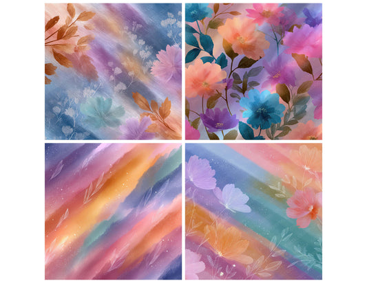 Preview layout showing Drifted Neon Rainbow Floral Wash papers arranged as background pages for junk journals and mixed media crafts