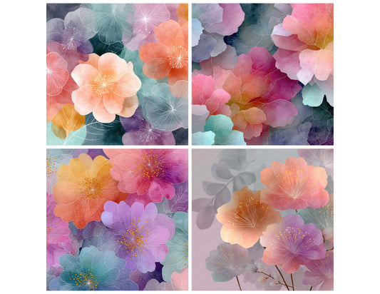 Preview layout showing Fogged Neon Floral Rainbow Wash papers arranged as background pages for junk journals and mixed media crafts