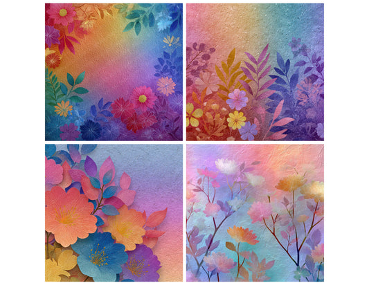 Preview layout showing Neon Rainbow Floral Wash papers arranged as background pages for junk journals and mixed media crafts