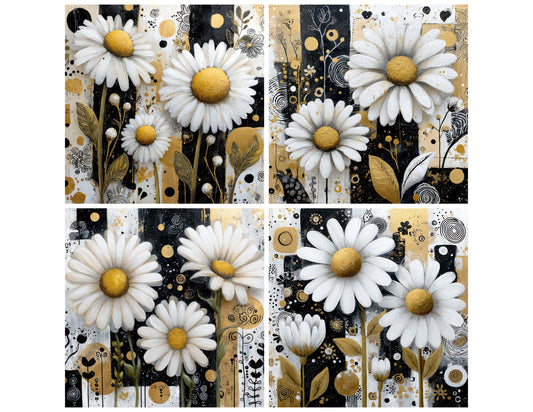 Preview layout showing Abstract Daisy Collage papers arranged as background pages for junk journals and mixed media crafts