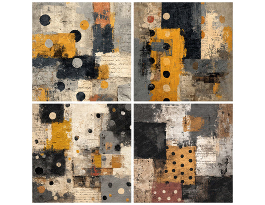 Preview layout showing Grunge Textile Collage papers arranged as background pages for junk journals and mixed media crafts