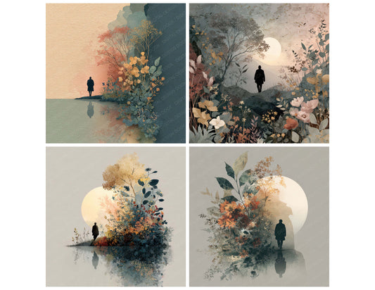 Preview layout showing Seasonal Change Reflection Scene papers arranged as background pages for junk journals and mixed media crafts