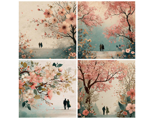 Preview layout showing Seasonal Spring Blossom Scene papers arranged as background pages for junk journals and mixed media crafts