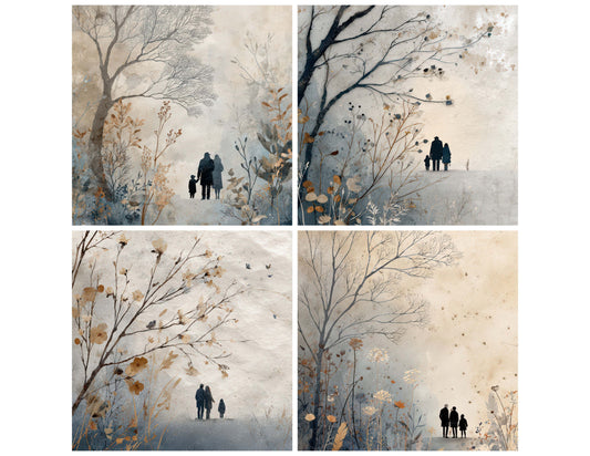 Preview layout showing Seasonal Winter Quiet Scene papers arranged as background pages for junk journals and mixed media crafts