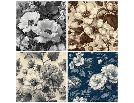 Preview layout showing Etched Floral Drawing papers arranged as background pages for junk journals and mixed media crafts