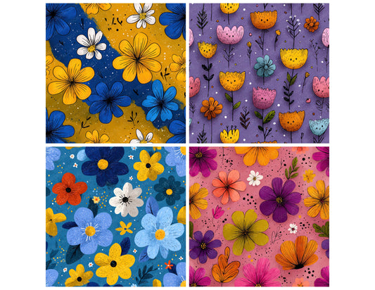 Preview layout showing Naive Cartoon Floral papers arranged as background pages for junk journals and mixed media crafts