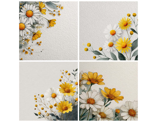 Preview layout showing Daisy Floral Border papers arranged as background pages for junk journals and mixed media crafts