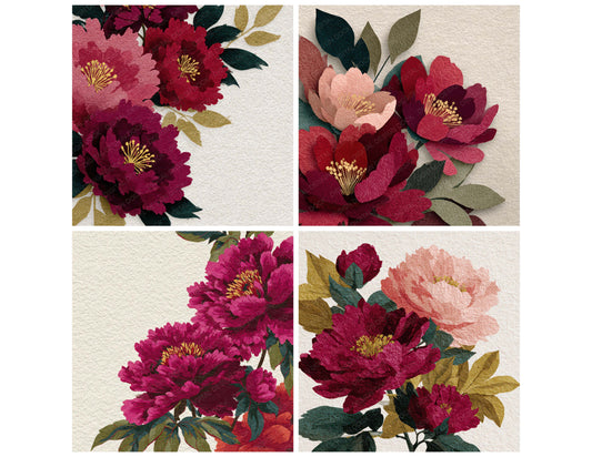 Preview layout showing Peony Floral Border papers arranged as background pages for junk journals and mixed media crafts