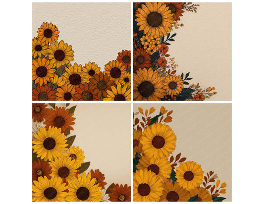Preview layout showing Sunflower Floral Border papers arranged as background pages for junk journals and mixed media crafts
