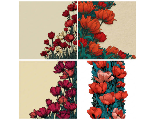 Preview layout showing Tulip Floral Border papers arranged as background pages for junk journals and mixed media crafts