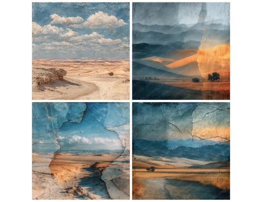 Preview layout showing Desert Scenic Texture papers arranged as background pages for junk journals and mixed media crafts