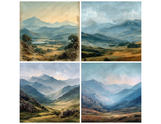 Preview layout showing Mountain Scene papers arranged as background pages for junk journals and mixed media crafts