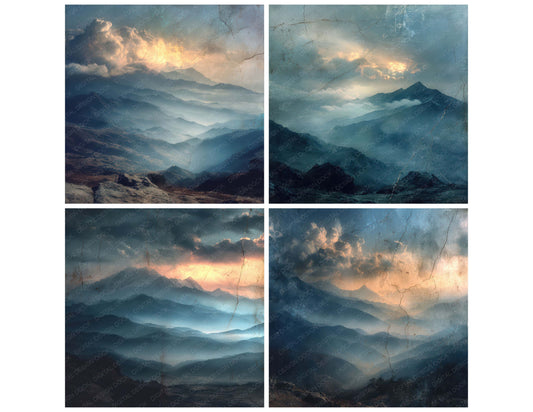 Preview layout showing Mountain Scenic Depth papers arranged as background pages for junk journals and mixed media crafts