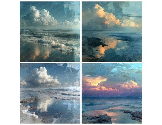 Preview layout showing Ocean Scenic Texture papers arranged as background pages for junk journals and mixed media crafts