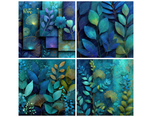 Preview layout showing Bioluminescent Nature Layers papers arranged as background pages for junk journals and mixed media crafts