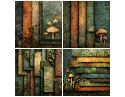 Preview layout showing Goblin Forest Layers papers arranged as background pages for junk journals and mixed media crafts