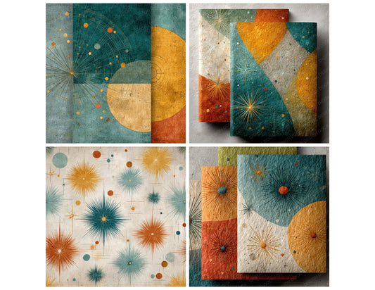 Preview layout showing Retro Futurism Layers papers arranged as background pages for junk journals and mixed media crafts