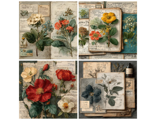 Preview layout showing Victorian Botanical Studies papers arranged as background pages for junk journals and mixed media crafts