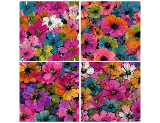 Preview layout showing Neon Rush Bloom papers arranged as background pages for junk journals and mixed media crafts