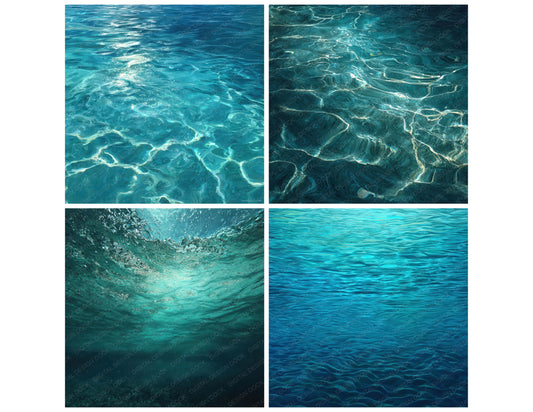 Preview layout showing Underwater Light Caustics papers arranged as background pages for junk journals and mixed media crafts