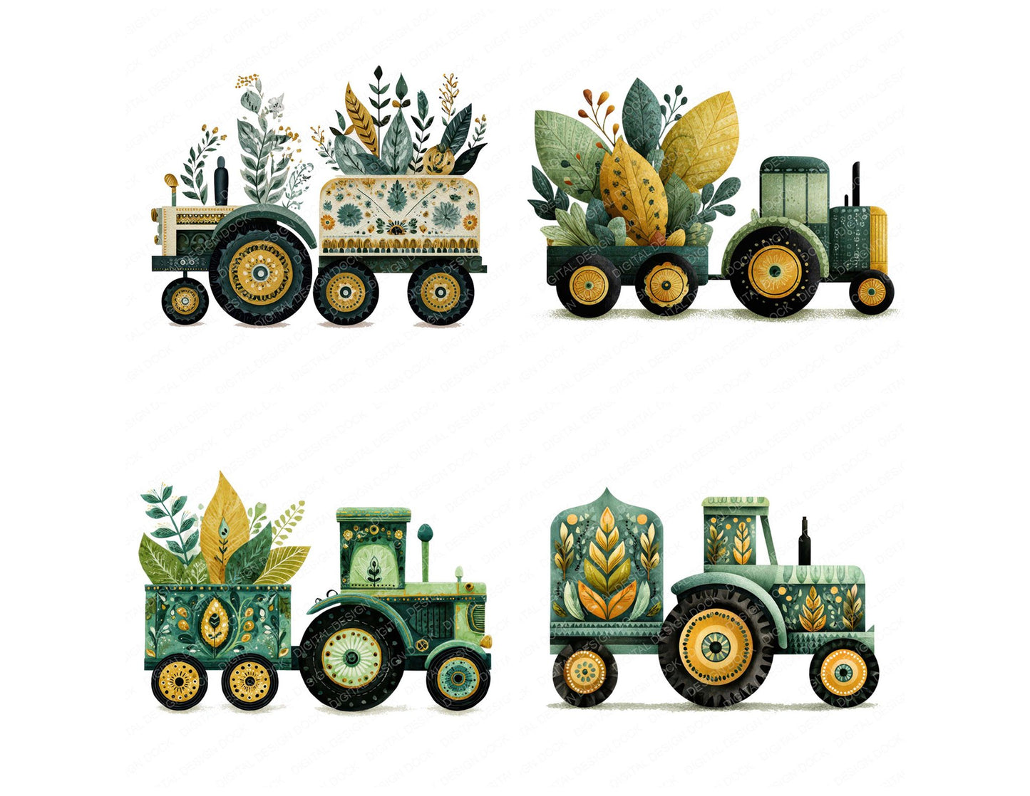 Green Folk Art Tractor Clipart Set (DDD008212)