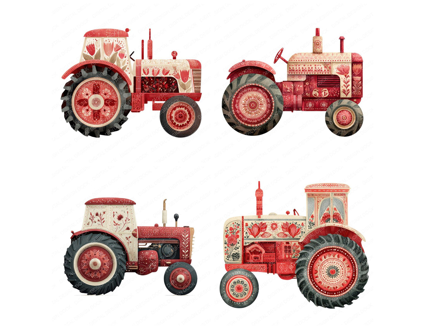 Red Folk Art Tractor Clipart Set (DDD008219)