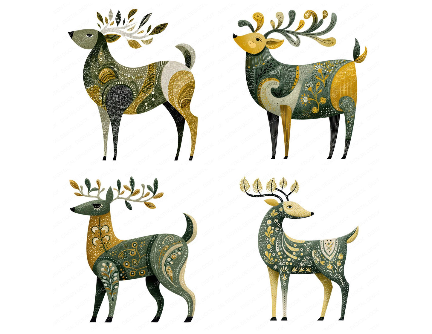 Folk Art Deer Clipart Set (DDD008253)