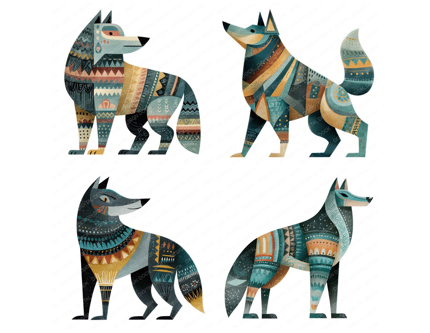 Folk Art Wolf Clipart Set (DDD008262)