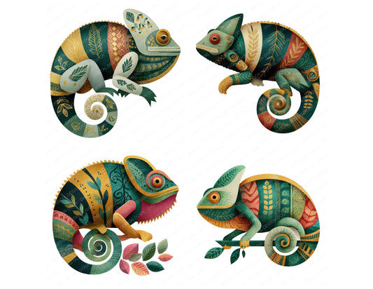 Preview layout showing Folk Art Chameleon clipart elements for scrapbooking, junk journals, and card making