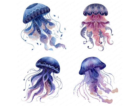 Preview layout showing Folk Art Jellyfish clipart elements for scrapbooking, junk journals, and card making