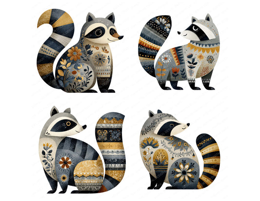 Preview layout showing Folk Art Raccoon clipart elements for scrapbooking, junk journals, and card making