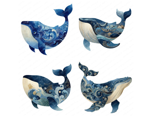 Preview layout showing Folk Art Whale clipart elements for scrapbooking, junk journals, and card making