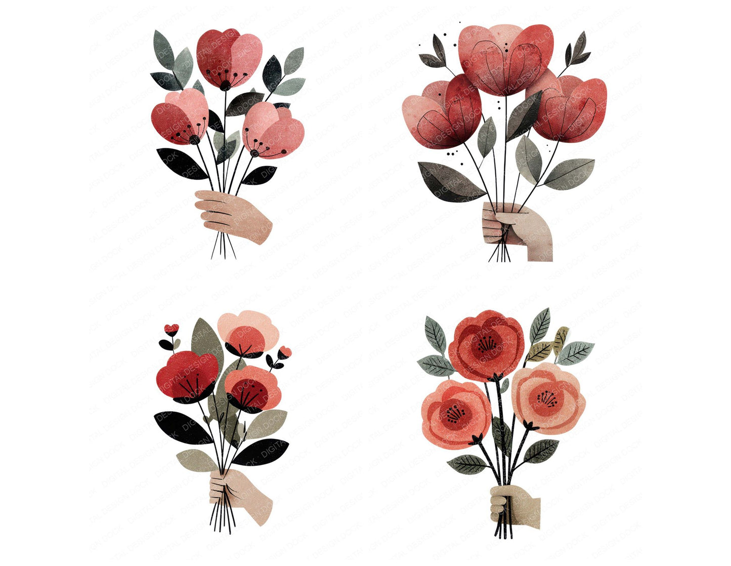 Minimal Hand Rose Bouquet Clipart Set (DDD008278)