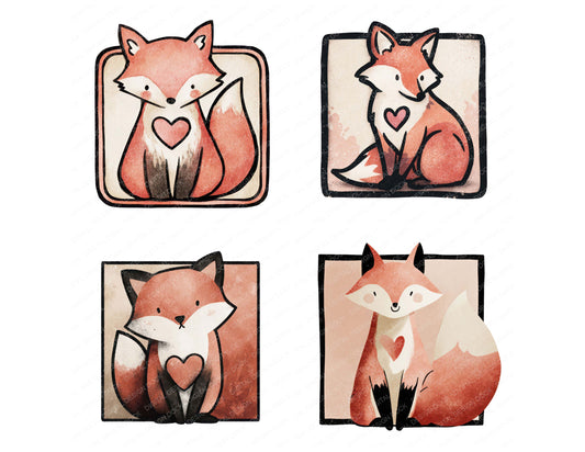 Preview layout showing Fox Love Square Badge clipart elements for scrapbooking, junk journals, and card making