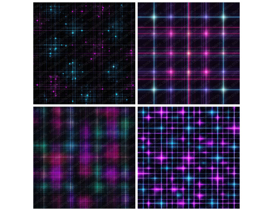 Preview layout showing Neon Grid Lights papers arranged as background pages for junk journals and mixed media crafts