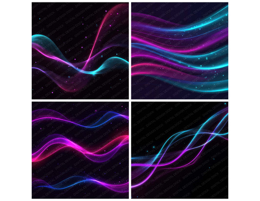 Preview layout showing Neon Wave Lights papers arranged as background pages for junk journals and mixed media crafts