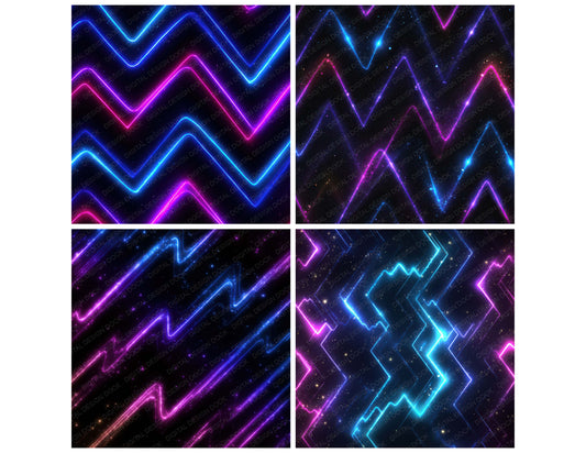 Preview layout showing Neon Zigzag Lights papers arranged as background pages for junk journals and mixed media crafts