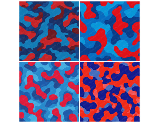 Preview layout showing Blue Red Camo Pattern papers arranged as background pages for junk journals and mixed media crafts