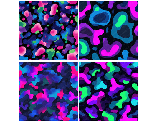 Preview layout showing Neon Camo Pattern papers arranged as background pages for junk journals and mixed media crafts