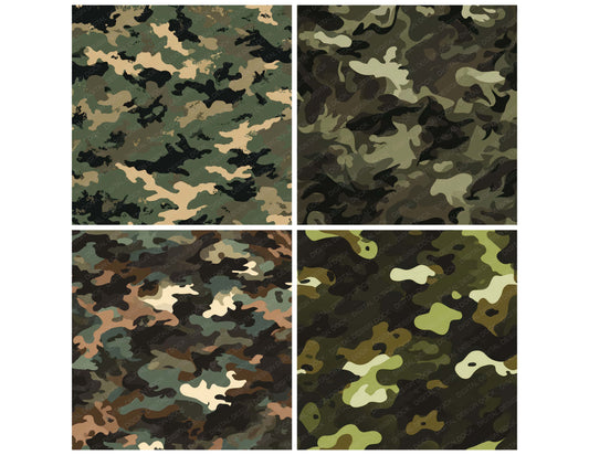 Preview layout showing Woodland Camo Pattern papers arranged as background pages for junk journals and mixed media crafts