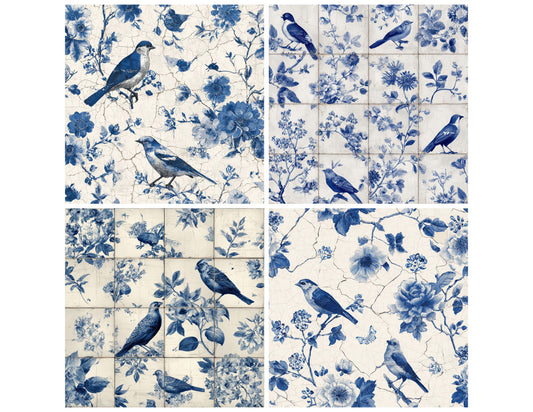 Preview layout showing Delft Bird Pattern papers arranged as background pages for junk journals and mixed media crafts