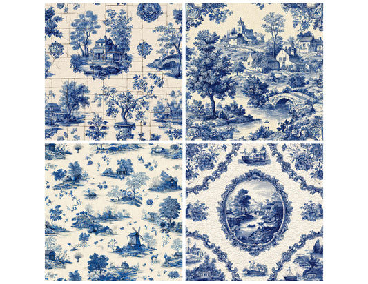 Preview layout showing Delft Pastoral Pattern papers arranged as background pages for junk journals and mixed media crafts