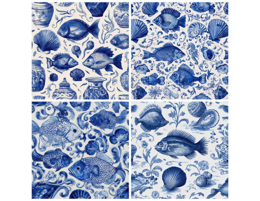 Preview layout showing Delft Sea Motifs papers arranged as background pages for junk journals and mixed media crafts