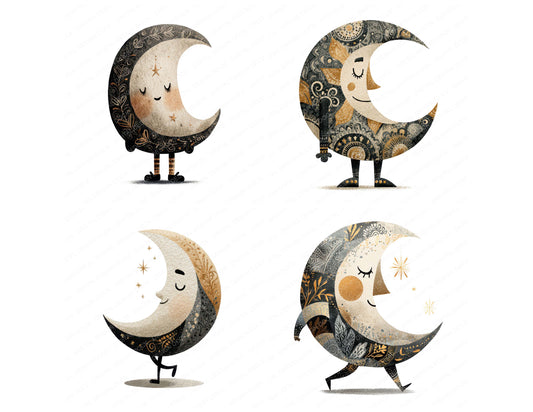 Preview layout showing Folk Art Moon Character clipart elements for scrapbooking, junk journals, and card making