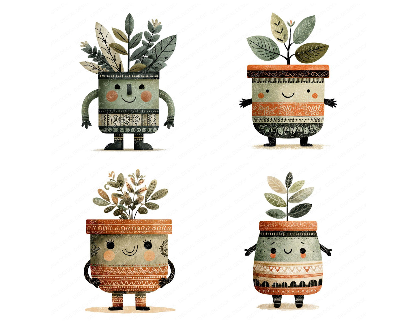 Folk Art Flower Pot Character Clipart Set (DDD008475)